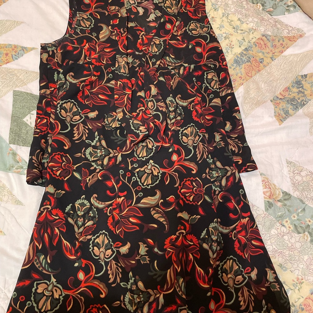 New York & Company Black Floral Dress with Red and Olive Accents